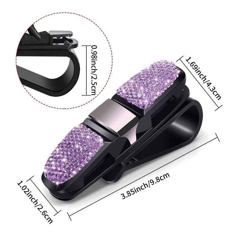CHIMUYU Glasses Holders for Car Sun Visor, Bling Crystal Rhinestones Fashion Rotatable Car Eyeglasses Sunglasses Hanger Mount with Ticket Card Clip for Women Girls (Violet) - Image 2